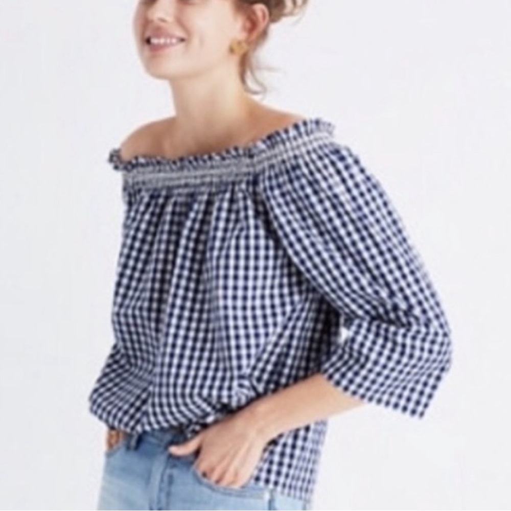 Madewell Gingham Smocked Off the Shoulder Top S Navy Blue & White